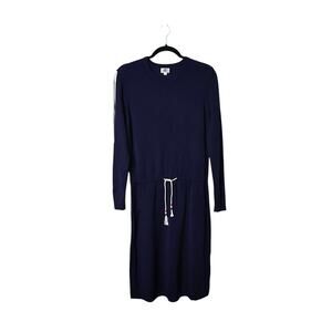 YAL New York Knitted Midi Dress Size M Navy Blue Cinched Waist Stripe Sleeves